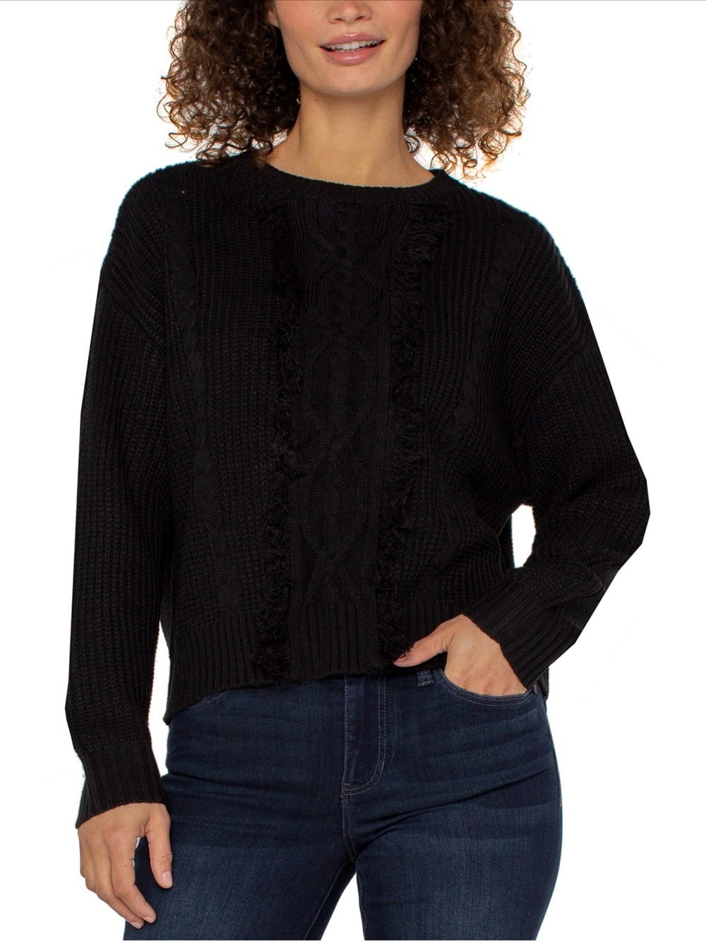 Liverpool Jeans Company Black Fringe Cable-Knit Crew Sweater